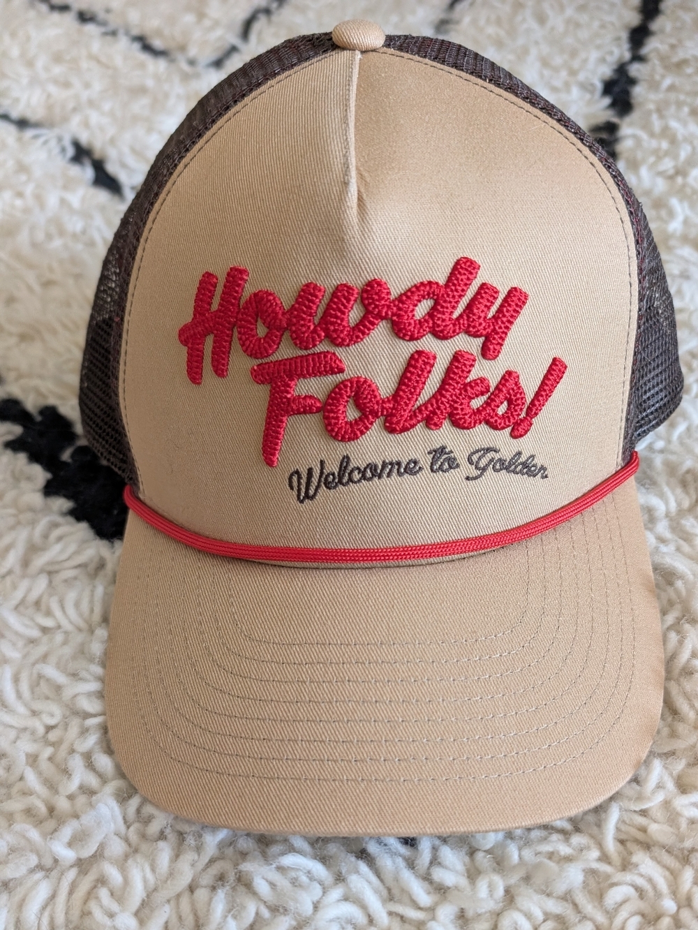 Howdy Folks! Embroidered Tan & Red Trucker Hat